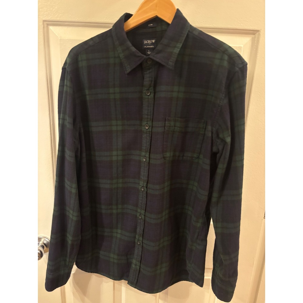 J.Crew Mens Slim Fit Flannel Shirt Large Black Watch Plaid Green Navy Cotton